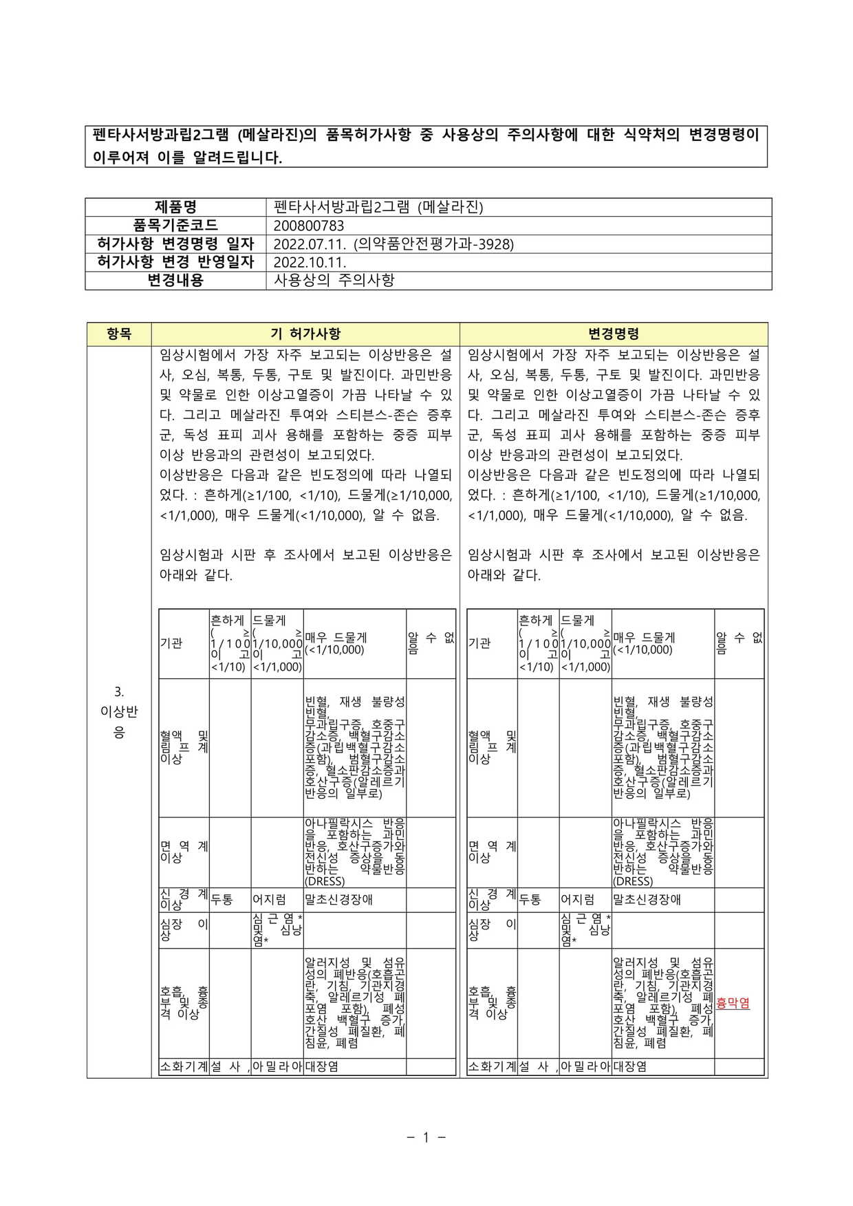 펜타사서방과립2g 변경일 2022.10.11